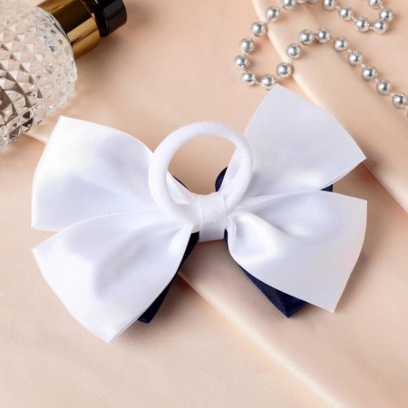 Hair elastic band "Schoolgirl" bow buckle, 12 cm, white and blue-1