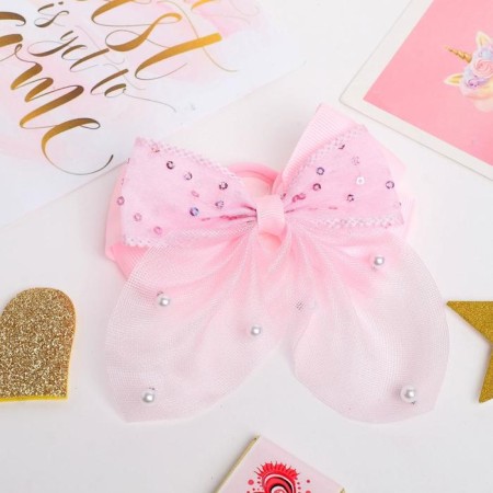 Hair gum "Bow Lily with sparkles" 10x8 cm, pink