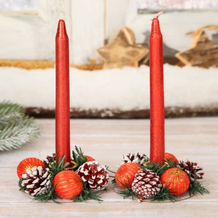 New Year's candle with the candlestick "Red balls and cones" (set 4 pcs) 4x13.5x17 cm, red