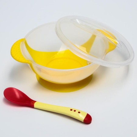 Set for feeding, 3 items: 350 ml bowl on suction cup, cover, thermal engine, yellow color-1