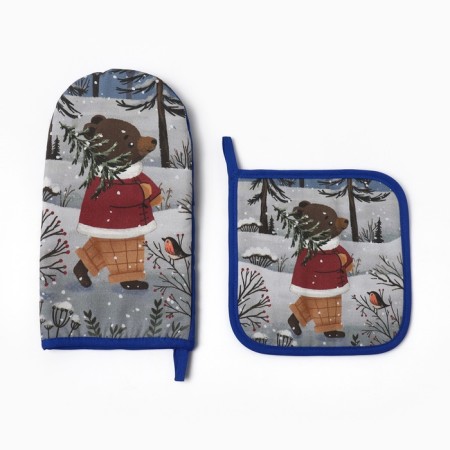 Set of kitchen. Ethel Forest Bear mittens 15x28cm, 19x19cm sever-1