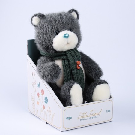 Soft toy "Little Friend", New Year's bear with a green scarf, dark gray color-6