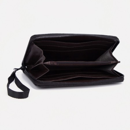 Male purse with zipper, department for bills, for maps, for coins, black color-2