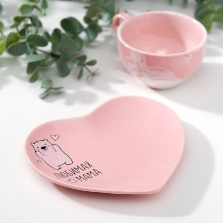 Mother's Day. Gift set of ceramic "Beloved Mom": a mug 120 ml, a saucer-1