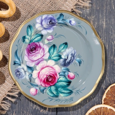 Zhostovsky tray "Multi-colored roses", dark gray, round, D = 17 cm