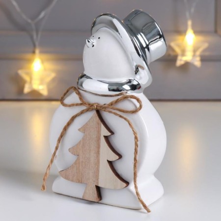Souvenir ceramics, tree "Snowman in the cylinder, with a Christmas tree" Silver 14.7x6.5x9 cm-3
