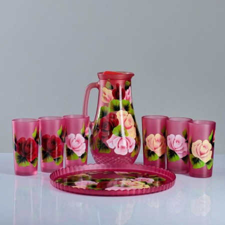 Set for juice with a tray "Zhostovo" Art painting, 6 glasses 1250/200 ml, red
