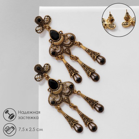 Hanging earrings with “vintage” rhinestones in patterns, black color in black gold, 7.5 cm