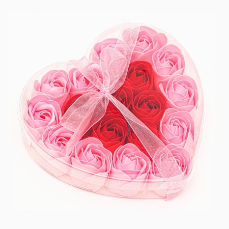 A set in the form of a heart, delicate 18 red-pink soap roses