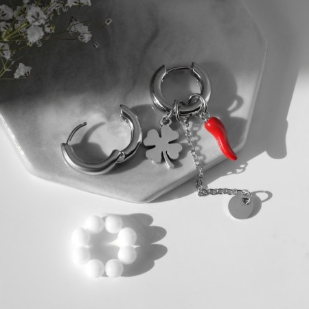 Earrings with the removable element "Transformer" Clover, white-red color in silver-1