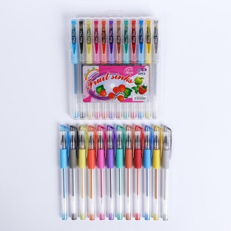 A set of gel pens, 12 colors, with sparkles, with a rubber holder, in a plastic box