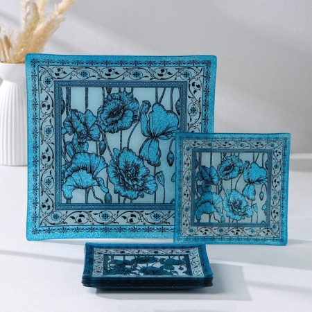 Table of table "poppies", 7 items: 30 × 30 cm - 1 pc, 18 × 18 cm - 6 pcs, color of blue