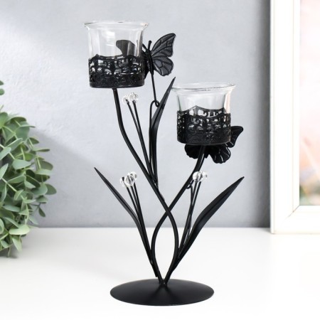Summary Metal for 2 candles "Butterflies with Crystal balls" black 9.5x9.5x25.5 cm-4