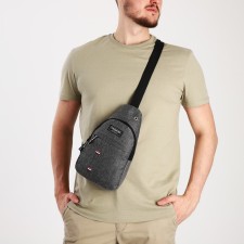Male sling bag from textiles, headphone opening, gray color
