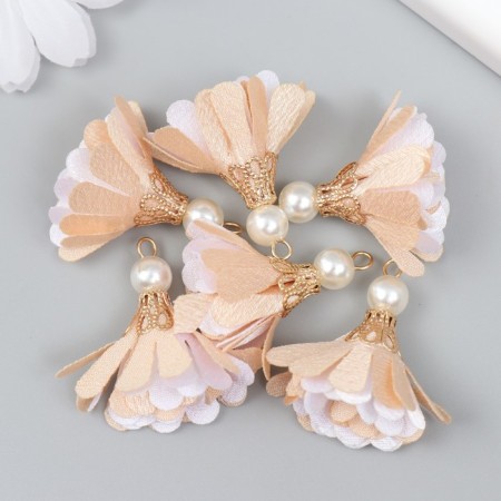 Decor Textile "Flower 2 Colors with a pearl. Fleep and white" set 6 pcs 3 cm-2