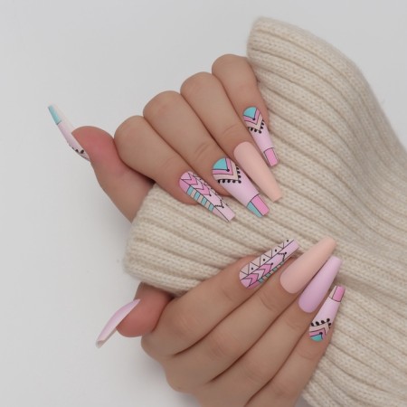 Follow Nails "Pattern", 12 pcs, with adhesive plates, ballerina shape, multi -colored-9