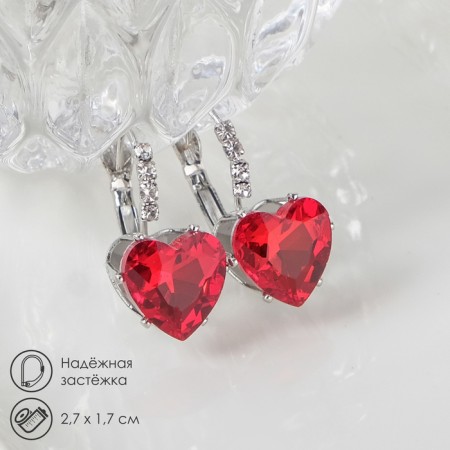 Earrings with rhinestones "Heart" flicker, white-red color in silver