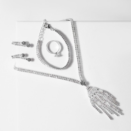 Set 4 objects: earrings, necklaces, bracelet, ring "grace" waterfall, white color in silver