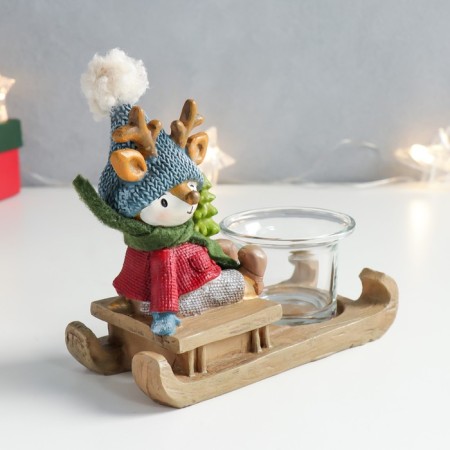 Polystone candlestick "Olennian in a blue hat on a sled with a Christmas tree" 15x6.7x12.5 cm-1