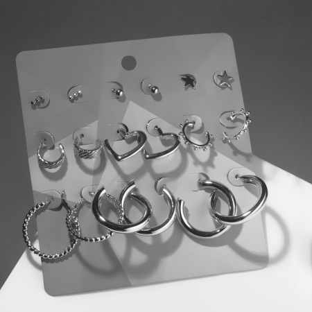 Ring earrings set 9 pairs “Stars” drawing, color silver, d = 3-1
