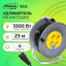 The extension cord is frost -resistant on the coil of Luazon Lighting Eco, 4 roses, 25m, 16a, kg 3x2.5mm2, with an off