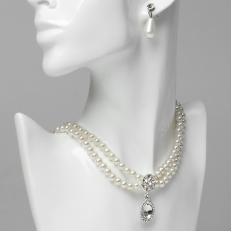 Set 2 objects: earrings, necklace "ladies" 2 threads, drop, white color in silver, 45 cm