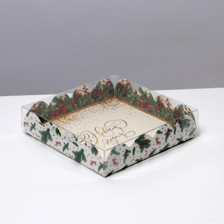 Box for confectionery products with PVC "New Year", 13 x 13 x 3 cm, New Year-2