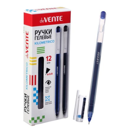 Gel pen 0.5 mm, Devente Kilometrico, blue ink, increased ink, length 1200 m, transparent case, disposable