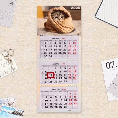 Calendar quarterly Mini-Trio "Kitten" 2025, 19 x 46 cm