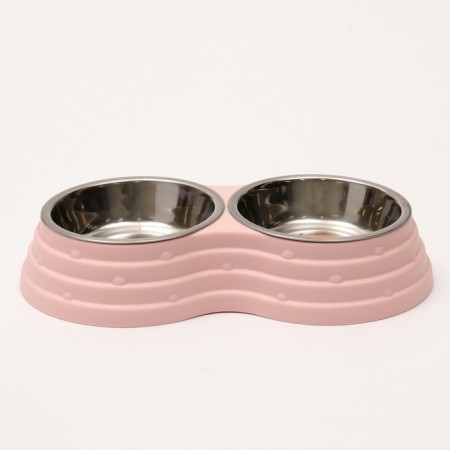 Metal dual bowl on a plastic base 2 x 160 ml, 25 x 14 x 5 cm, pink-2