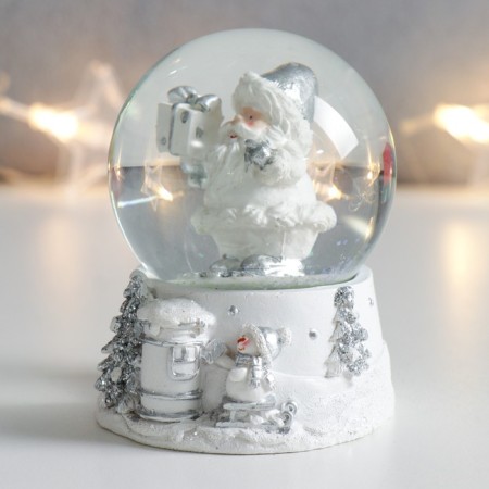 Souvenir Polystone Water Ball "Santa Claus with a gift" White with silver 7x6.7x8.8 cm-3