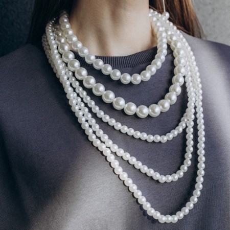 Beads "Pearl cascade", 5 threads, beads No. 8, 12, 14, milk color in silver, 70 cm-3