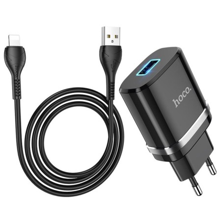 Network charger Hoco N1, 1 USB, 2.4 A, Lightning cable - USB, 1 m, black