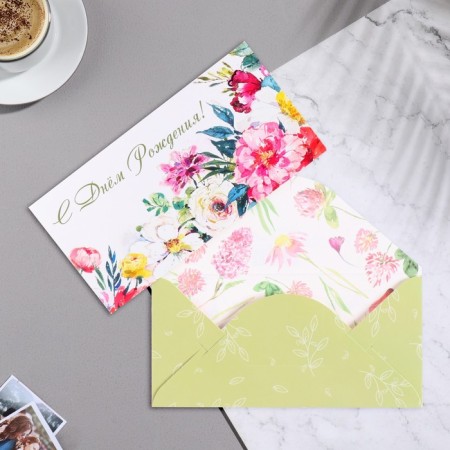 Money envelope "Happy Birthday!" Flowers, white background, 17x8 cm-1
