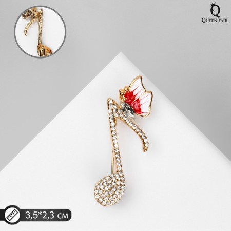 Brooch "Nota" with a butterfly, white-red color in gold