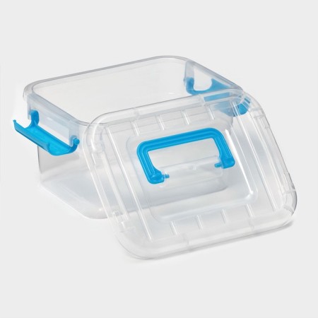 Storage container, cover with a handle on the latch, plastic, 1.35 l, 18.5 × 13 × 9.7 cm, transparent/blue-4