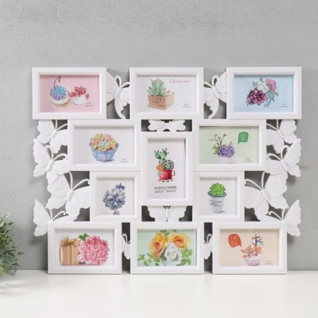 Photo frame plastic in 11 photos 10x10, 10x15 cm "Butterflies" white 48x63 cm
