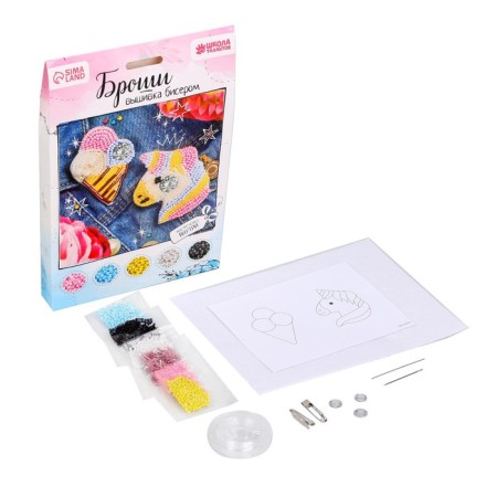 Beadwork. Brooch "Unicorn and Ice Cream", a set for creativity-1