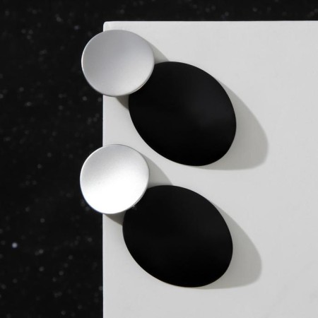 Earrings Metal "Trend" convex discs, black color in matte silver-1
