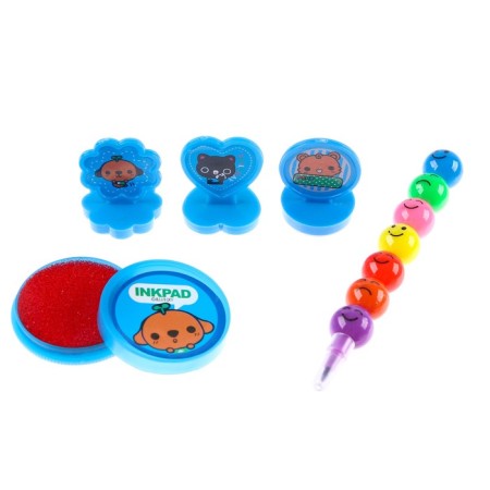 Drawing set: printing 3 pcs., Stamping pillow, pencil 7 colors, blue color-1
