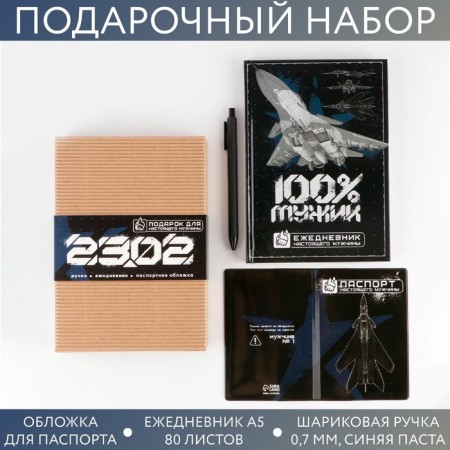 Gift set "23.02": Diary A5 80 sheets, PVC passport cover and Plastic pen.