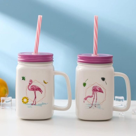 Ceramic mug with a metal lid and pipe "Flamingo", 450 ml, color mix-3