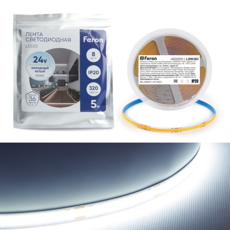 Feron 5 m, IP20, COB LED strip, 320 LED/m, 8 W/m, 24 V, glow cold white