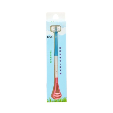 Toothbrush is bilateral, silicone bristles, a scraper for cleaning the tongue, blue