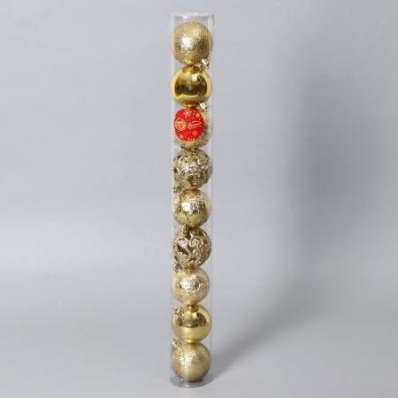 Set of balls plastic D-6 cm, 9 pcs "Christmas tree in lace" gold-1