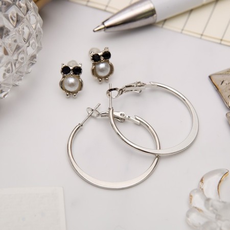 Ring earrings with pusets "owl", color silver, d = 3 cm