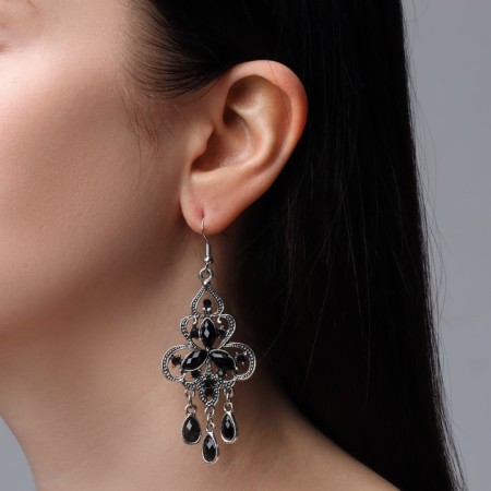 Hanging earrings with rhinestones "East" Trilist, black color in black silver, 8 cm-2