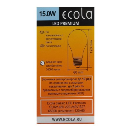 LED LED Ecola Classic Premium, E27, A60, 15 W, 6500 K, 120x60 mm-1