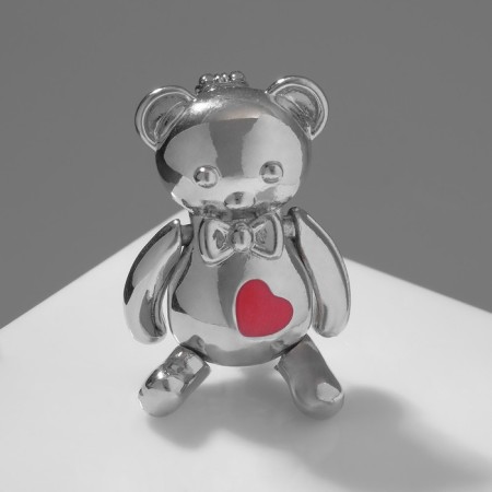 Brooch "Bear" with patch and heart, red color in silver