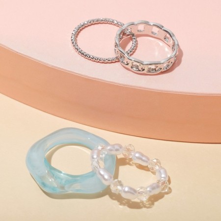 Ring set 4 pieces of "jeepy", lace, white blue in silver, size 16-17